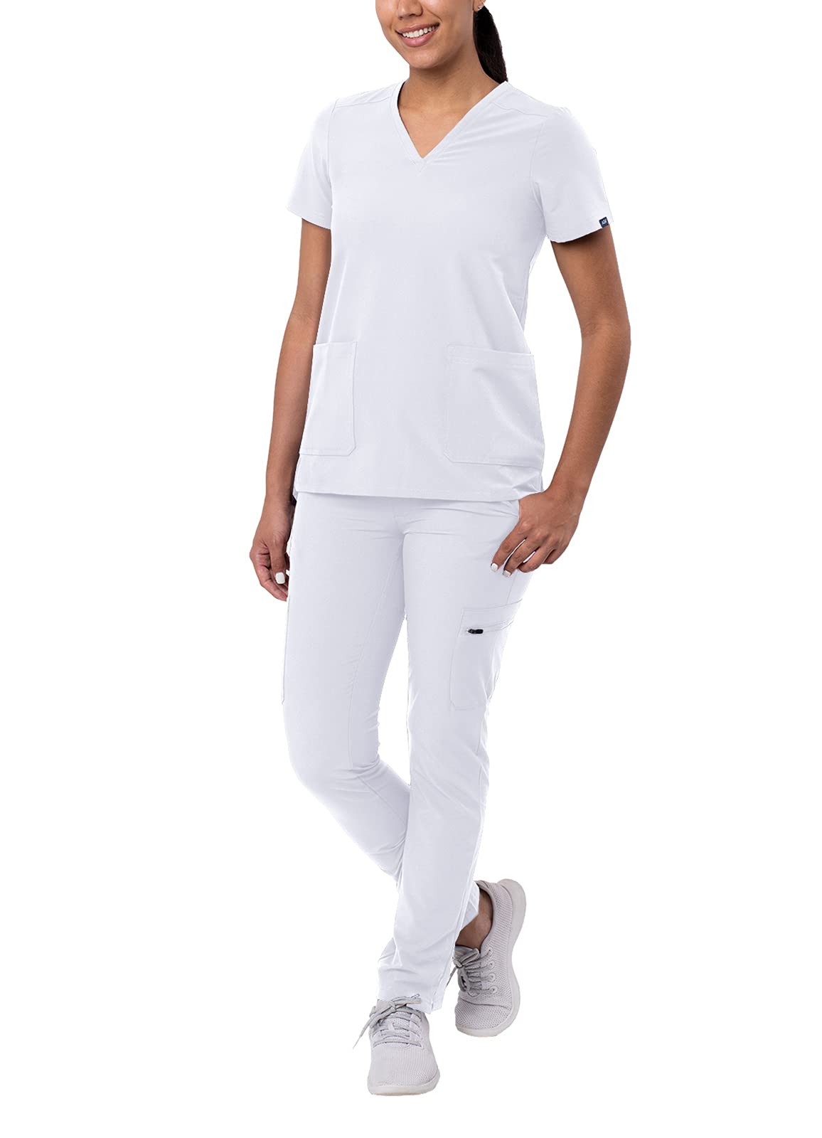 Adar Addition Go-Basic Scrub Set For Women - Slim V-Neck Scrub Top Skinny Cargo Scrub Pants - A9200 - White - S
