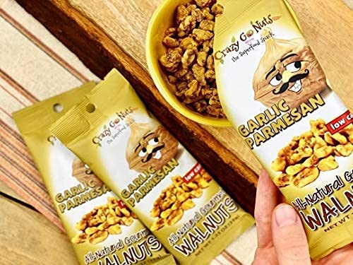 Crazy Go Nuts Walnuts - Garlic Parmesan, 1.25 Oz (6-Pack) - Healthy Snacks, Keto, Low Carb, Gluten Free, Superfood - Natural, Al