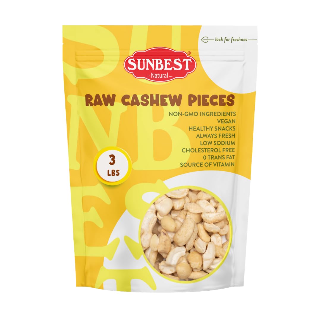 Sunbest Natural Raw Large Cashew Pieces 48 Oz (3 Lbs) 1 Pack - Unroasted & Unsalted For Cooking, Baking & Snacking - Fresh, Nutrient-Rich, Keto, Paleo & Vegan - Non-Gmo, Gluten-Free - Long-Lasting Freshness