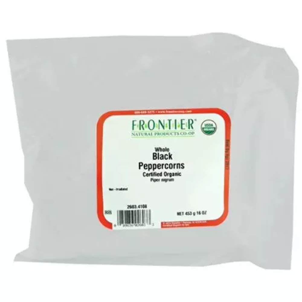 Frontier Co-Op Peppercorns, Black Whole, Certified Organic, Fair Trade Certified, Kosher | 1 Lb. Bulk Bag | Piper Nigrum L.