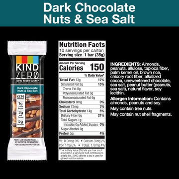 KIND ZERO Added Sugar Bars Keto Snack Dark Chocolate Nuts and Sea Salt Good Source of Fiber Gluten Free Low Sugar 6g Protein 10 Count