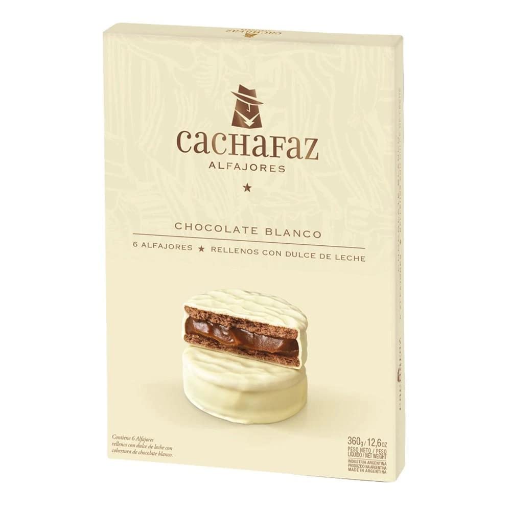 Cachafaz Alfajor Blanco - Pack of 6, 12.6 Ounce, Delicious White Chocolate Cookies