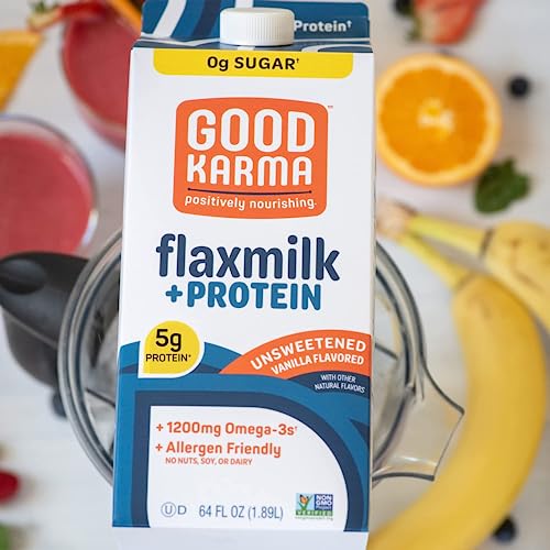 Good Karma Unsweetened Vanilla Flaxmilk +Protein, 64 Ounce, 5g Plant Protein + 1200mg Omega-3 Per Serving, Plant-Based Non-Dairy