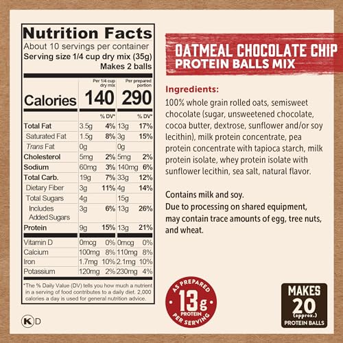 Kodiak Cakes Oatmeal Protein Ball Mix, Chocolate Chip, High Protein, 100% Whole Grains, (Pack of 6)