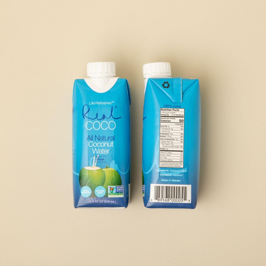 Life Refreshed Real Coco All Natural Pure Coconut Water, 12-Pack 330mL, No Added Sugar, Vegan, Electrolyte-Rich, Plant-Based Refreshment