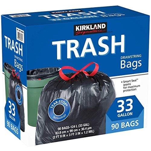 Kirkland Signature Carton Is 100% Recyclable 33 Gallon Black Drawstring Trash Bag 90 Count,Tear-Stop Technology