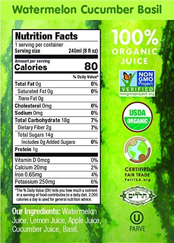 Wonder Melon Organic Watermelon Juice With Cucumber & Basil, 8.45Oz (6 Pack) 100% Juice, Cold Pressed