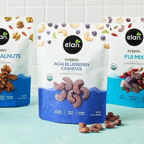 Elan Organic Acai Blueberry Cashews, 5.3 Oz, Non-Gmo, Vegan, Gluten-Free, Kosher, Glazed Nuts (Roasted Cashews, Acai Berry Powder, Blueberry Juice Powder), Superfood Infused Nuts