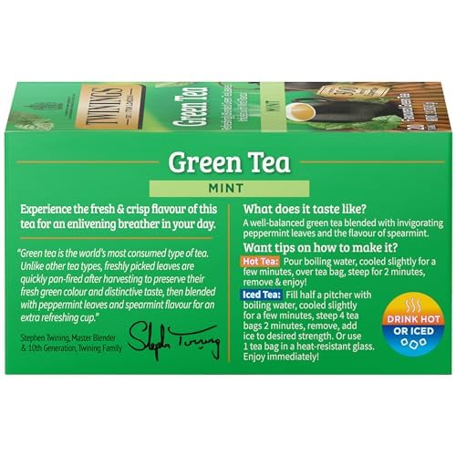 Twinings Green Tea With Mint Individually Wrapped Bags, 20 Count (Pack Of 6), Invigorating Aroma, Caffeinated, Enjoy Hot Or Iced | Packaging May Vary