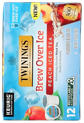 Twinings Brew Over Ice Unsweetened Peach Flavoured Black Iced Tea K-Cup Pods For Keurig, Caffeinated, 12 Count