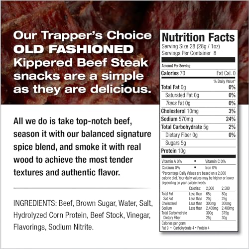 Old Trapper, Trappers Choice Kippered Steak, Old-Fashioned Flavor, Eight-Ounce Individual Package, Savory Steak Pieces, 10 Grams
