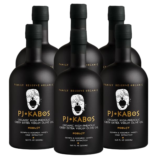 P.J. Kabos 2024/25 Harvest Very High Phenolic (750+Mg/Kg) Usda Organic Greek Extra Virflavor Blend Olive Oil Kosher Greece Cold Extracted 16.9 Oz Bottle Family Reserve Organic - Robust (6-Pack)