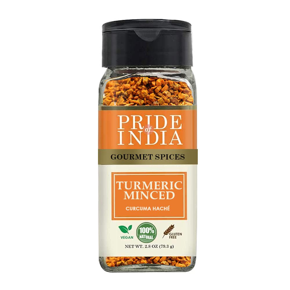 Pride Of India- Gourmet Turmeric Minced Whole- 2.8 Oz (79.3Gm) Small Dual Sifter Jar- An Exquisite Spice, Known For Its Beautifu