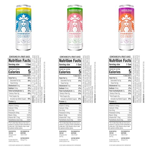 Starbucks Iced Energy Drink Variety Pack, 12 Fl Oz Cans, Tropical Peach, Watermelon Splash, Blueberry Lemonade, Zero Sugar