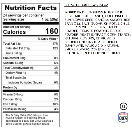 Hot & Spicy Chipotle Flavored Cashews 24 Oz Resealable Pouch | Bold & Crunchy Snack | Gourmet Seasoned Nuts | Perfect For Partie