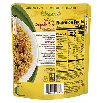 Tasty Bite Organic Smoky Chipotle Rice, 8.8 Ounce, Pack Of 6, Ready To Eat, Microwavable, Vegan, Gluten-Free