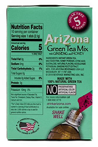 Arizona Green Tea With Ginseng Iced Tea Stix Sugar-Free, Low Calorie Single Serving Drink Powder Packets, Just Add Water For A D