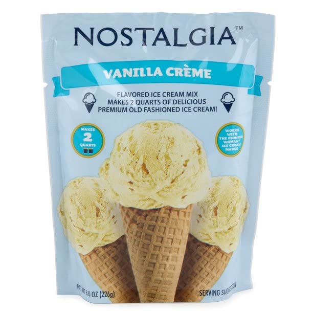 Nostalgia Ice Cream Mix. Vanilla Creme, Creamy Chocolate, Sweet Strawberry And Chocolate Chips Cookie Dough. Each Pocket Of 8 Oz
