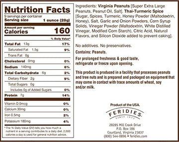 Feridies Virginia Peanuts, Thai Turmeric Chili Flavor, 9 Oz, All Natural, Non Gmo, Kosher Certified Gourmet Peanuts