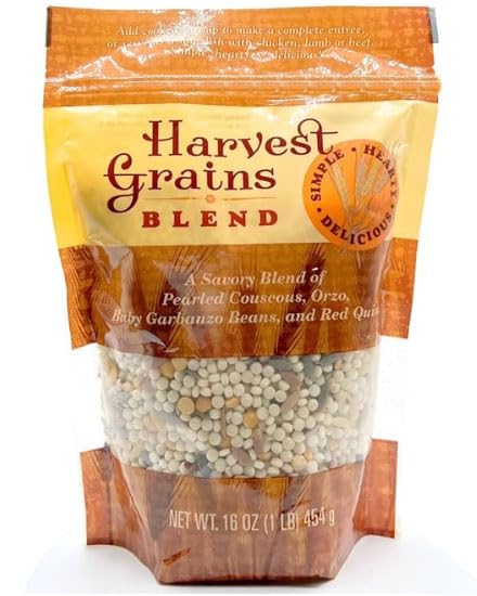 Harvest Grains, Blend of Pearled Couscous, Orzo, Baby Garbanzo Beans, and Red Quinoa