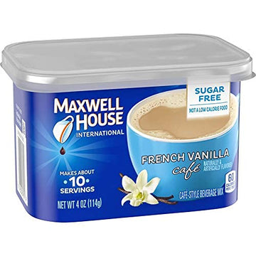 Maxwell House International Sugar Free French Vanilla Cafe Instant Coffee, Caffeinated, 4 Oz Can (Pack-8)
