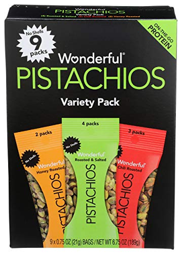 Wonderful Pistachios, No Shells, 3 Flavors Variety Pack of 9 (075 Ounce), Protein Powered, carb-Friendly, gluten Free, On-the go