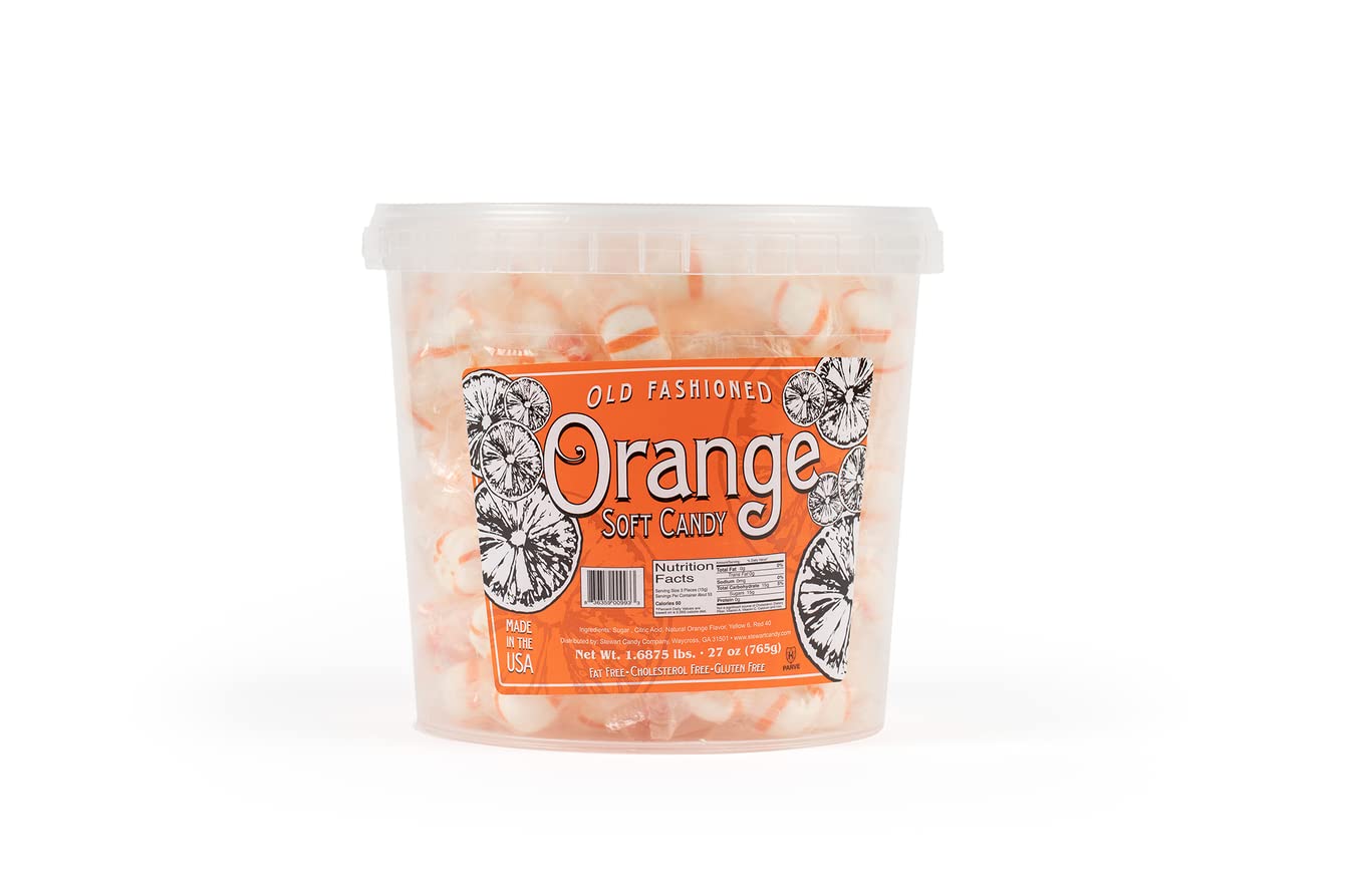 Stewart Old Fashioned Orange Candy Puffs - 27 oz Tub, Fat-Free, Gluten-Free, Pure Cane Sugar, Classic Soft/Hard Texture, Made in USA