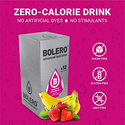 Bolero- Sugar Free Drink Mix Packets Banana And Stawberry Fruit Flavors | Powdered Flavored Water Packets | 12 Large Sachet On The Go Packets