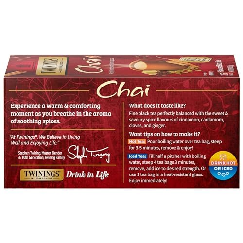Twinings Chai Individually Wrapped Black Tea Bags, 25 Count (Pack Of 6), Sweet, Savoury Spices, Caffeinated, Enjoy Hot Or Iced
