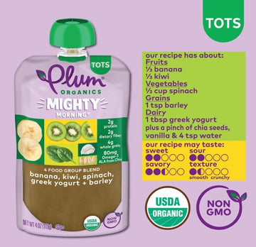 Plum Organics Mighty Morning Organic Toddler Food - Banana, Kiwi, Spinach, Greek Yogurt, And Barley - 4 Oz Pouch - Organic Fruit