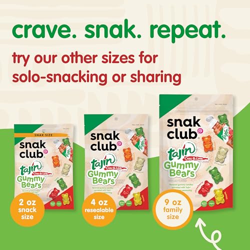Snak Club Tajin Gummy Bears, Assorted Fruit Candy Gummies with Chili and Lime Seasoning, Mild, Gluten-Free and Vegan Snacks, 9 o