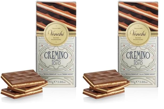 Venchi - Cremino 1878 Chocolate Bar With Almond Gianduja And Hazelnuts, 3.88Oz - Gluten Free (Pack Of 2)