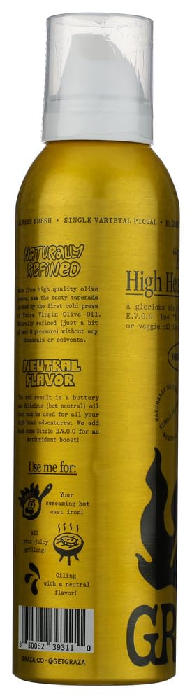 Graza Frizzle High Heat Cooking Oil Spray - High Polyphenol Olive Oil - 5 oz (148ml) - Ideal for Frying, Baking & Grilling