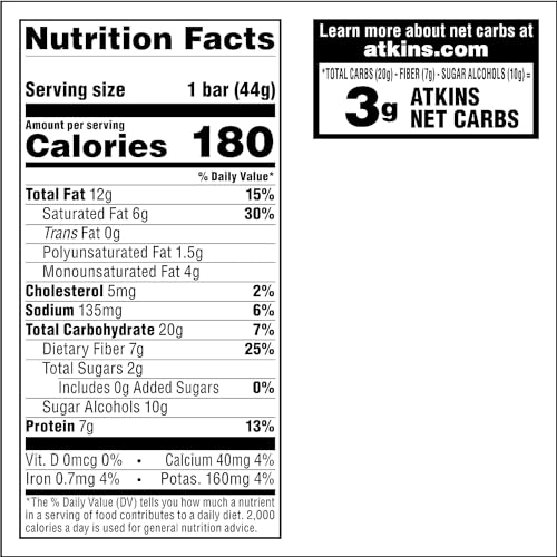 Atkins Caramel Chocolate Nut Roll Snack Bar, Protein Snack, High In Fiber, 2G Sugar, 5 Count