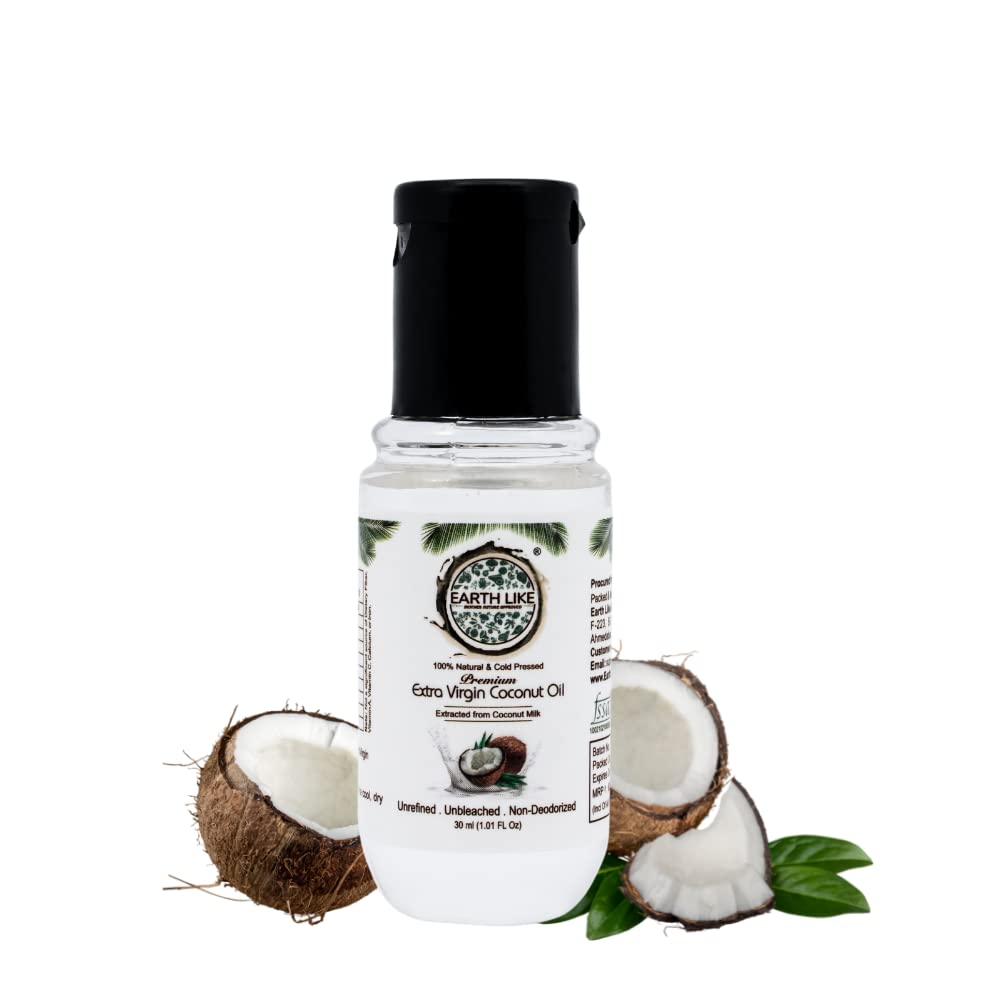 Earth Like Extra Virgin Coconut Oil (30 Ml) - Nariyal Tel Cold Pressed Natural Oil For Skin Care, Hair Growth, Baby Massage & Ed