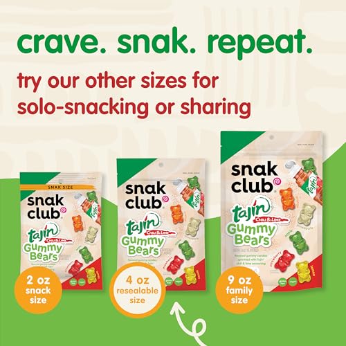 Snak Club Tajin Gummy Bears, Assorted Fruit Candy Gummies with Chili and Lime Seasoning, Mild, Gluten-Free and Vegan Snacks, 4 o