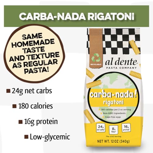 Al Dente Carba-Nada Rigatoni, Reduced-Carb, High Protein Pasta 12 Ounce Bags (Pack Of 8, Total Of 96 Ounces)