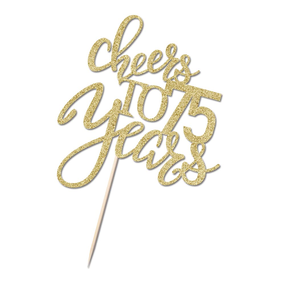 Qertesl Gold Glitter Cake Topper, Cheers to 75 Years, Cardboard, Perfect for 75th Birthday and Anniversary Celebrations