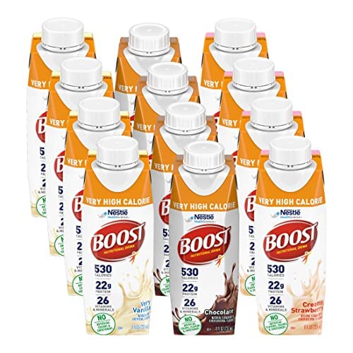 Boost Very High Calorie Nutritional Drink Variety Pack, 4 Bottles Very Vanilla, 4 Bottles Chocolate, 4 Bottles Creamy Strawberry