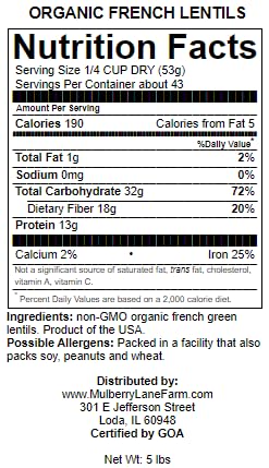French Green Lentils 5 Pounds Petite, Usda Certified Organic, Non-Gmo Bulk, Product Of Usa, Mulberry Lane Farms