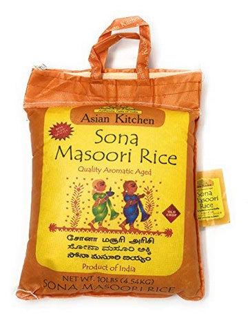 Asian Kitchen White Sona Masoori Aged Rice 10-Pound Bag, 10Lbs (4.54Kg) Short Grain Rice ~ All Natural | Gluten Friendly | Vegan