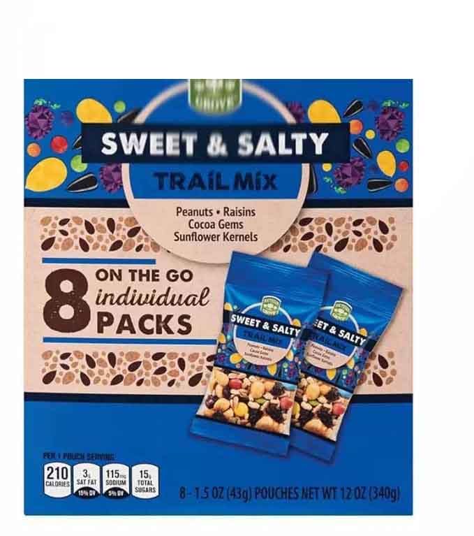 Sweet & Salty Trail Mix: Peanuts, Raisins, Sunflower Kernels, Chocolate Candies, 8 On the Go Individual Mixed Nut Packs,1.5oz Sn