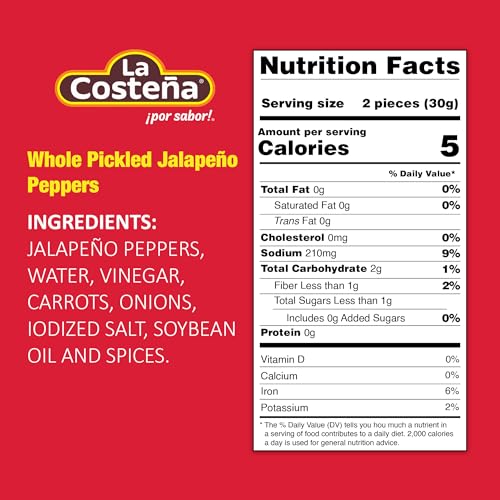 La Costea Whole Pickled Jalapeo Peppers, 26 Ounce Cans (Pack Of 12)