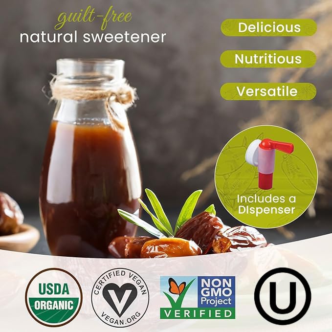 ORgANIc DATE SYRUP Made with100% Deglet Noor dates certified Organic NON-gMO KOSHER. Healthy Natural sweetener with NO added s