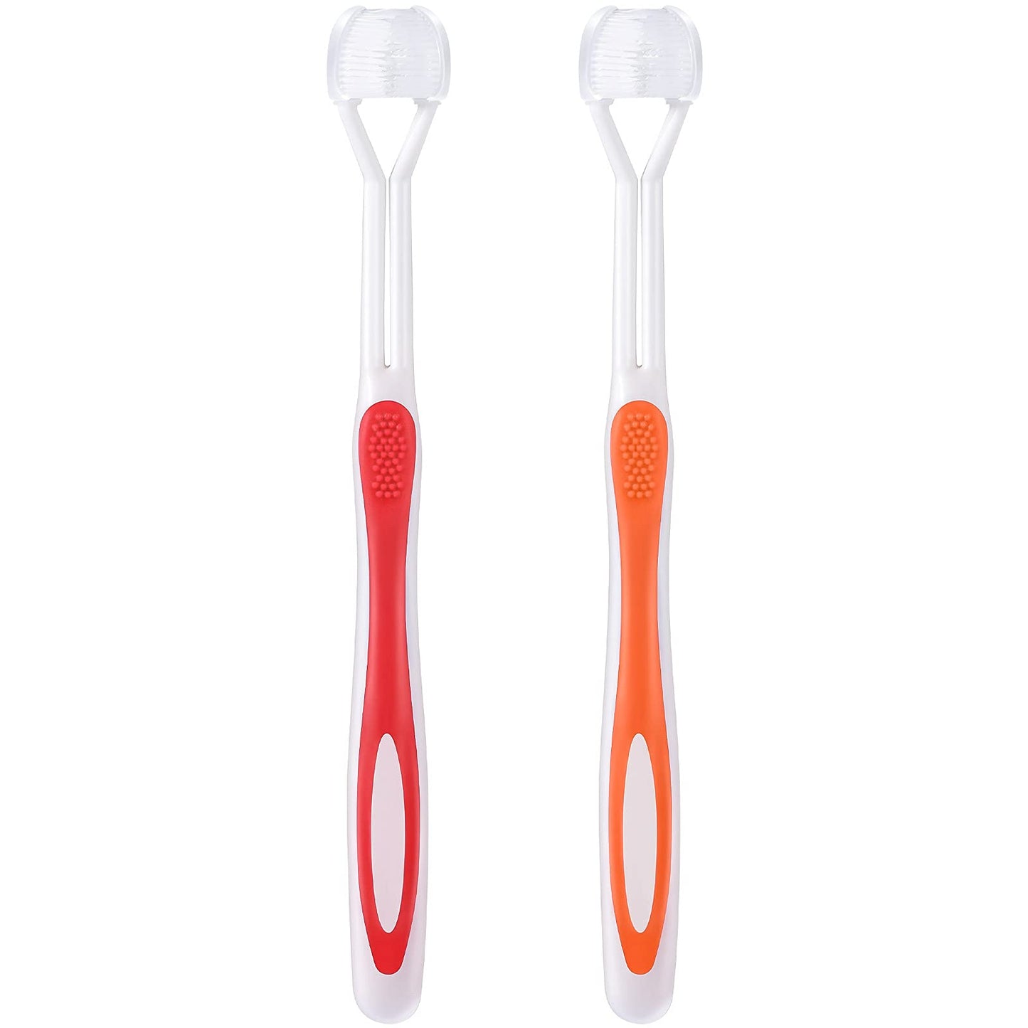 Boao 2 Pieces Autism Toothbrush Three Bristle Travel Toothbrush For Complete Teeth And Gum-Care, Great Angle Bristles Clean Each Tooth, Soft And Gentle (Red, Orange)