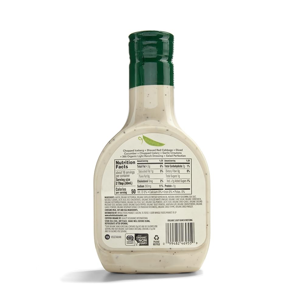 365 by Whole Foods Market Organic Ranch Dressing, Light, 16 Fl Oz - Healthy, Flavorful Dressing for Salads and Dips