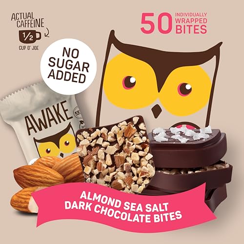 AWAKE - Caffeinated Chocolate Bites - Almond Sea Salt Dark Chocolate (No Sugar Added) 50 Bites - 50mg Caffeine - Energy Bites - Coffee Alternative - Fairtrade Gluten Free Non GMO - 0.48oz