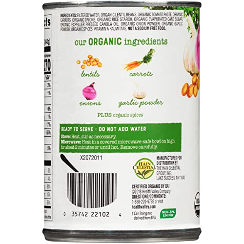 Health Valley Organic Soup, No Salt Added, Lentil, 15 Oz (Pack Of 12)