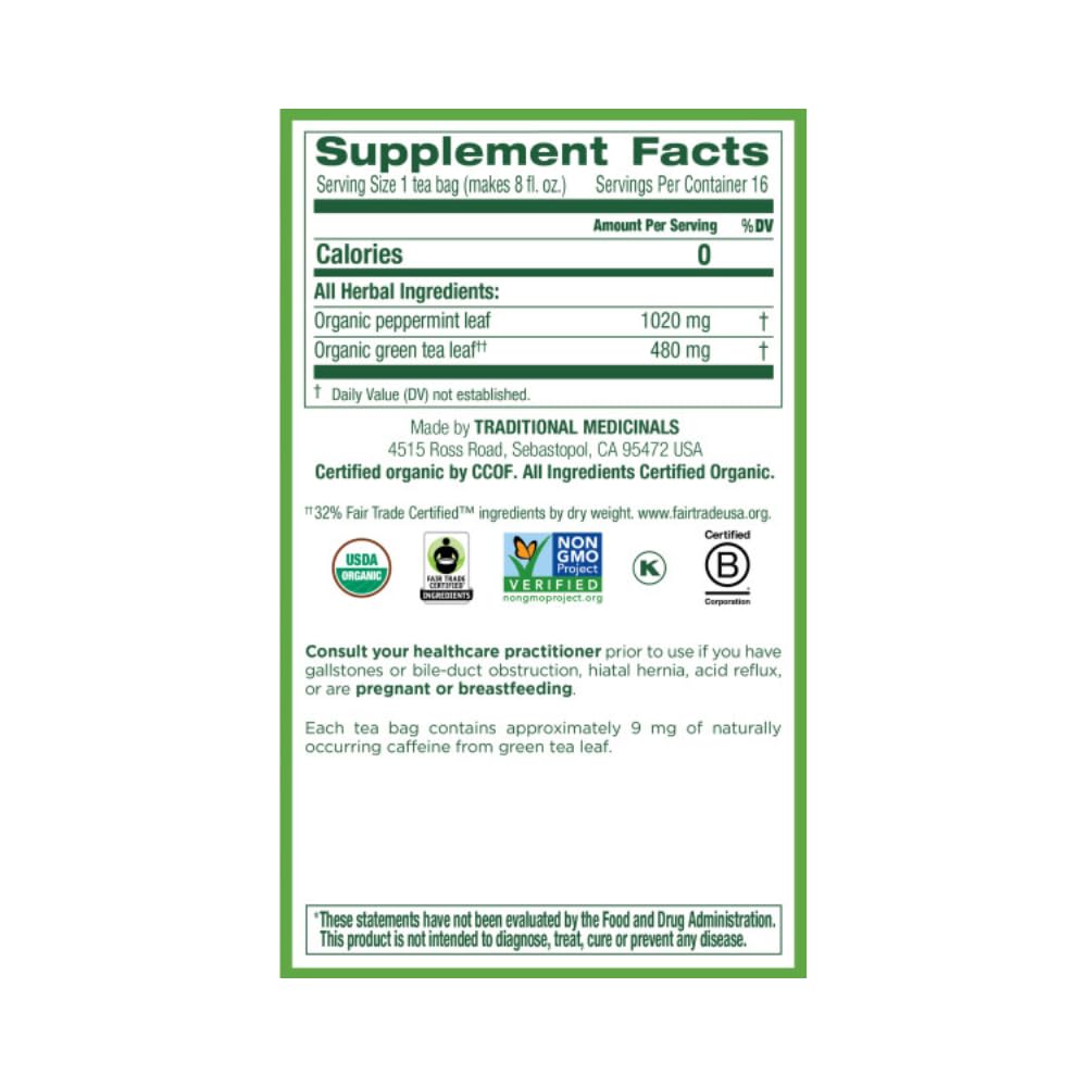 Traditional Medicinals Organic Green Tea Peppermint Herbal Tea, 48 Tea Bags, Model TMT239, Pack of 6