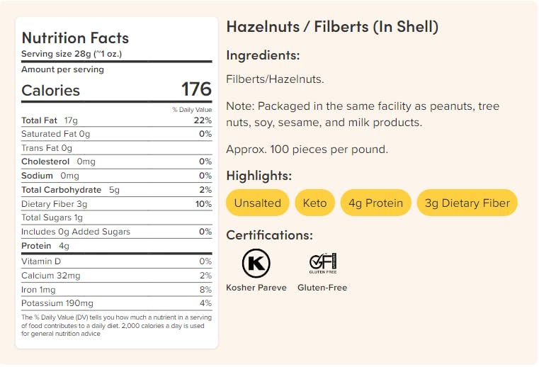 Nuts.Com Oregon Hazelnuts In Shell, Filberts 1 Lb Bag - Whole Raw Jumbo Hazelnuts - Gourmet, Freshly Harvested, Non-Gmo, For Coo